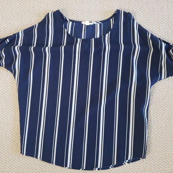 Blue and White Striped Cold Shoulder Chiffon Top - Picture 1 of 2